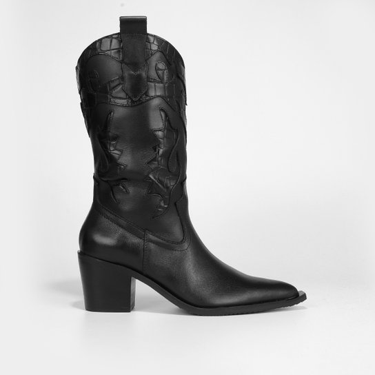 Bota Couro Cano Longo Shoestock Bia Perotti Western Bordado Feminina