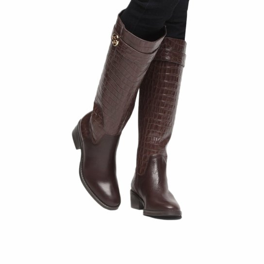 Bota Couro Montaria Shoestock Croco Feminina - Marrom