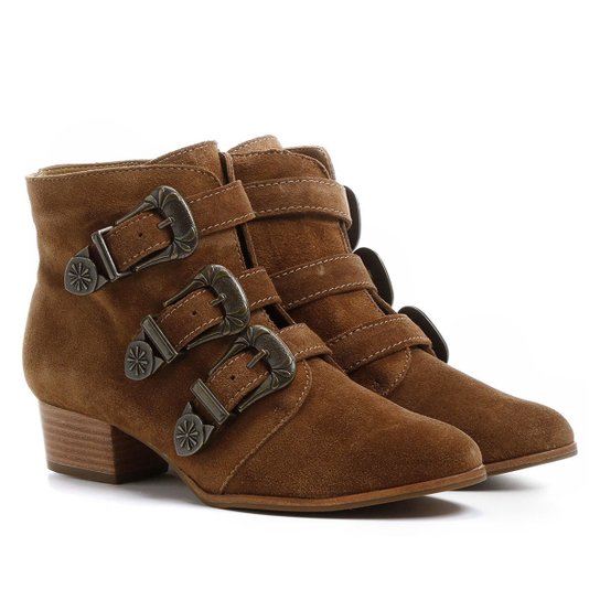 Bota Couro Shoestock Cano Curto 3 Fivelas Feminina - Caramelo