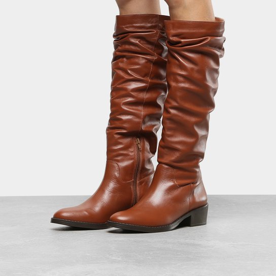 Bota Couro Slouch Shoestock Flat Feminina