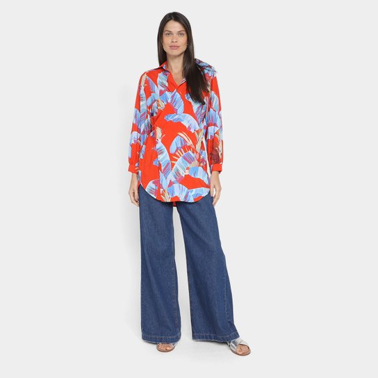 Camisa Farm Oversized Estampada 3/4 Feminina