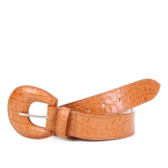 Cinto Couro Shoestock Croco Fivela Redonda Feminino - Caramelo