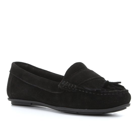 Mocassim Couro Shoestock Camurção Franjas Feminino - Preto