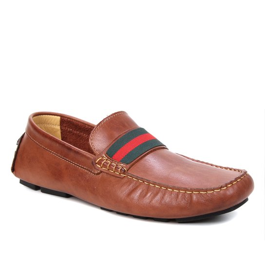 Mocassim Couro Shoestock Gorgurão Listra Masculino - Caramelo