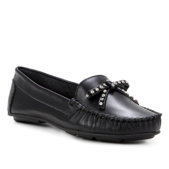 Mocassim Couro Shoestock Laço Strass Feminino - Preto
