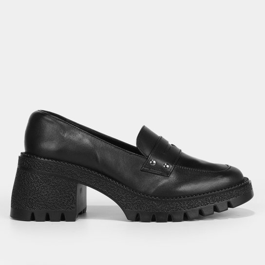 Mocassim Couro Shoestock Tratorado Salto Médio Feminino