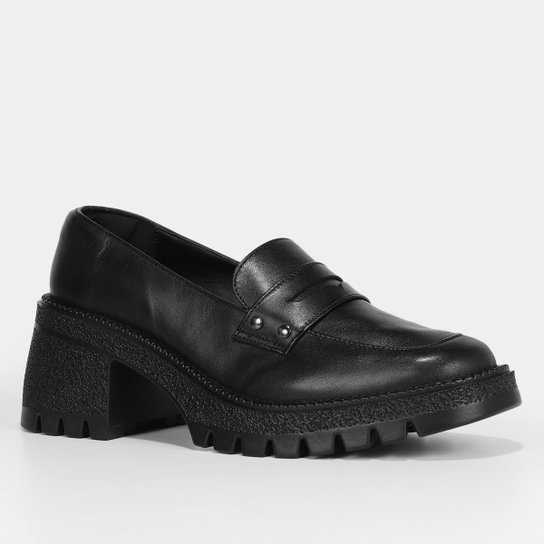 Mocassim Couro Shoestock Tratorado Salto Médio Feminino