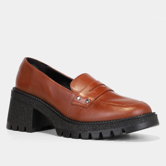 Mocassim Couro Shoestock Tratorado Salto Médio Feminino