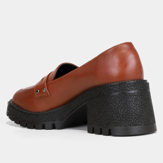 Mocassim Couro Shoestock Tratorado Salto Médio Feminino