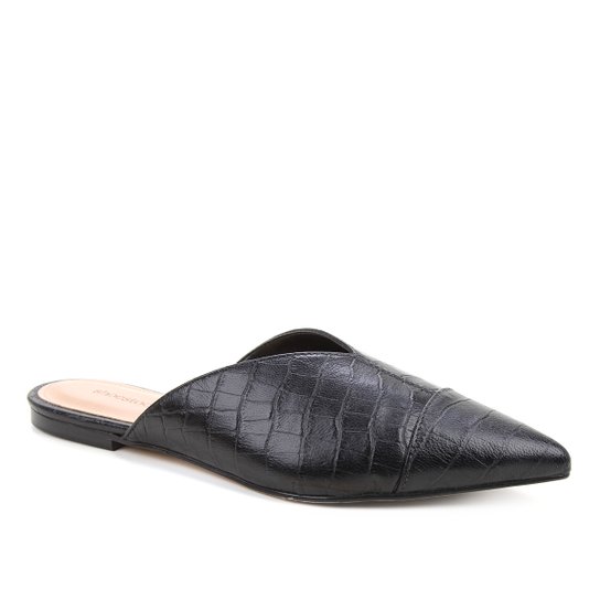 Mule Couro Shoestock Flat Croco - Preto