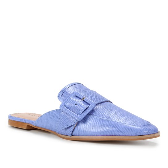 Mule Couro Shoestock Flat Fivela Lezard - Azul
