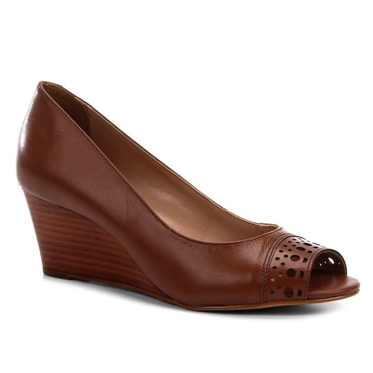 Peep Toe Anabela Shoestock Couro Laser - Caramelo