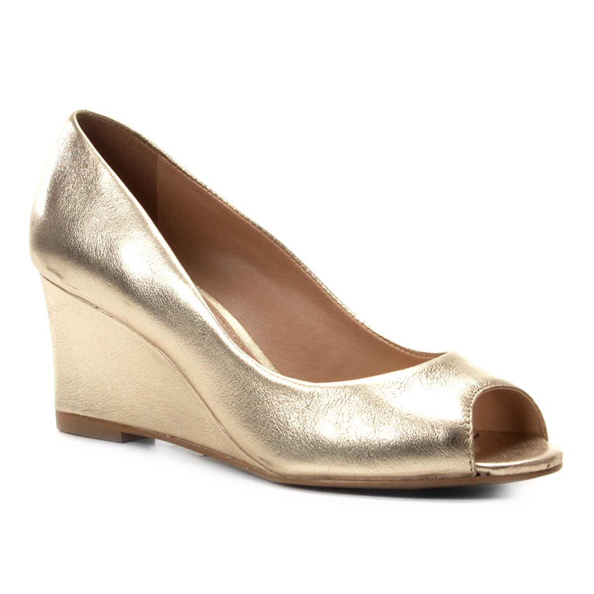 Peep Toe Couro Shoestock Anabela Metalizado - Dourado | Shoestock
