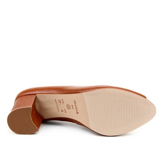 Peep Toe Couro Shoestock Basic Salto Bloco Medio - Marrom