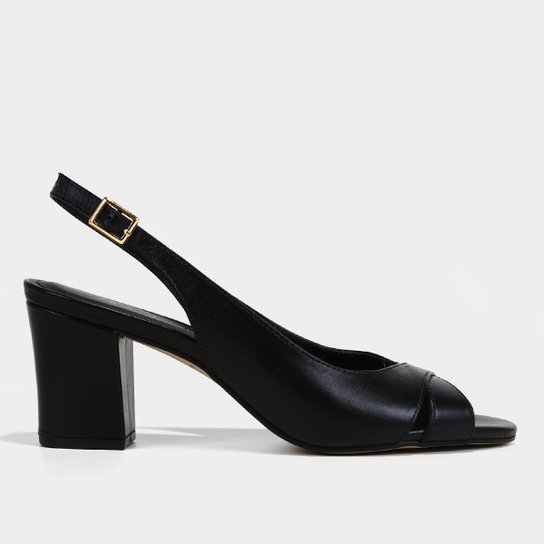 Peep Toe Couro Shoestock Básico Slingback Salto Bloco Médio