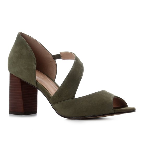 Peep Toe Couro Shoestock Nobuck Salto Bloco - Verde