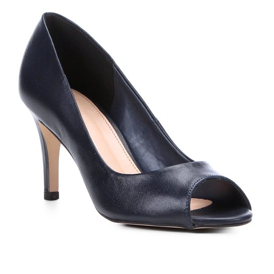 Peep Toe Couro Shoestock Salto Fino - Marinho