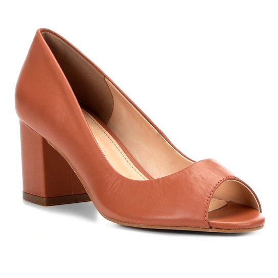 Peep Toe Couro Shoestock Salto Grosso - Marrom