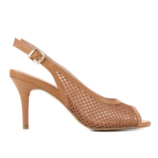 Peep Toe Couro Shoestock Slingback Tela Salto Médio - Caramelo