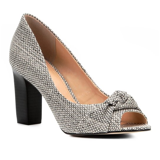 Peep Toe Shoestock Salto Grosso Nó - Off White+Preto