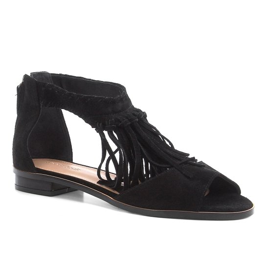 Rasteira Couro Shoestock Franjas - Preto