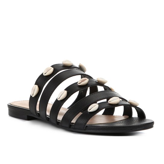 Rasteira Couro Shoestock Slide Tiras Búzios Feminina - Preto