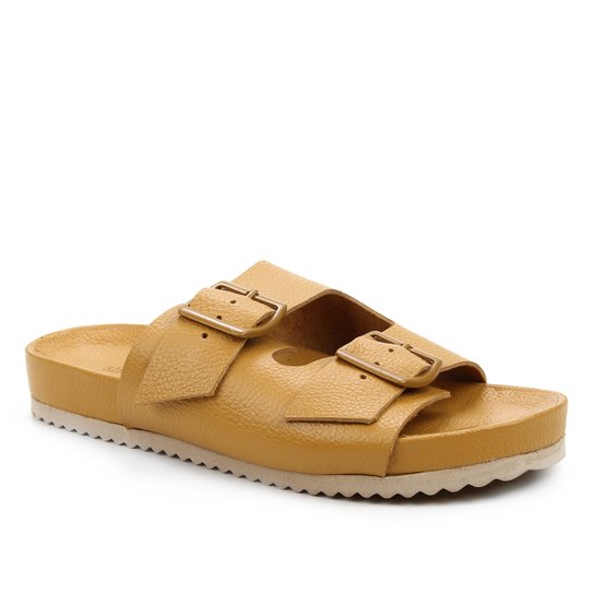 Rasteira Couro Shoestock Tiras Duplas Fivela - Amarelo