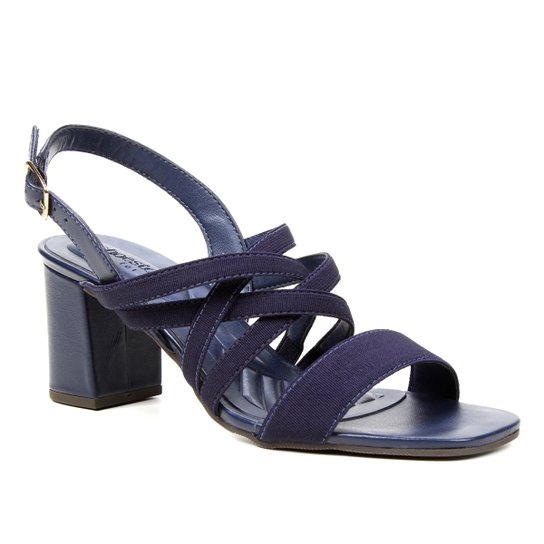 Sandália Couro Shoestock Elástico For You Salto Bloco Médio Feminina - Marinho