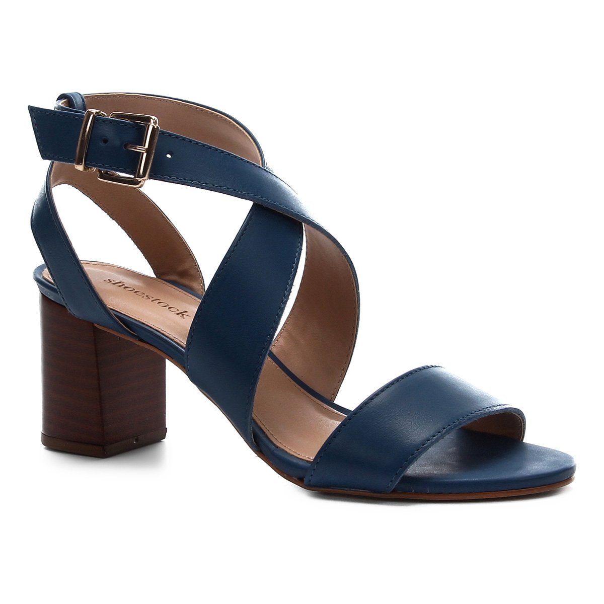 Sandália Couro Shoestock Fivela Salto Bloco Feminina - Azul | Shoestock