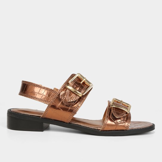 Sandália Couro Shoestock Fivelas Salto Baixo Feminina