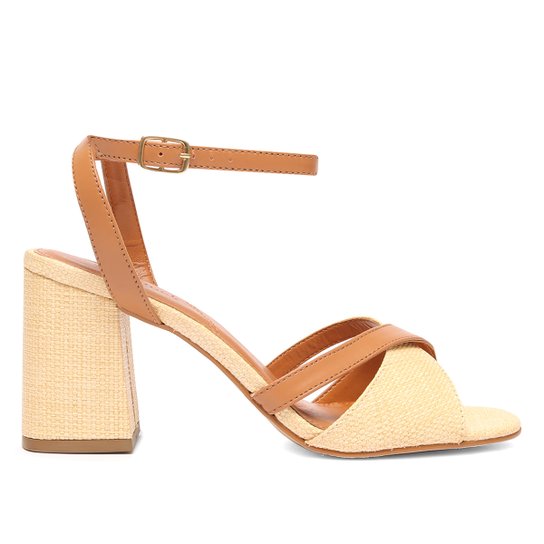 Sandália Couro Shoestock Ráfia Salto Bloco Médio Feminina - Caramelo