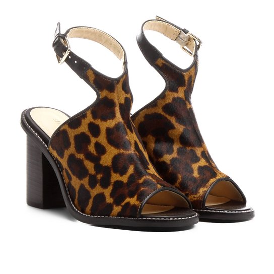 Sandália Couro Shoestock Salto Alto Abotinada Onça Feminina