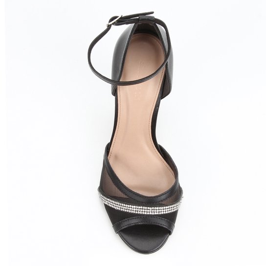 Sandália Couro Shoestock Salto Bloco Alto Tela Strass Feminina