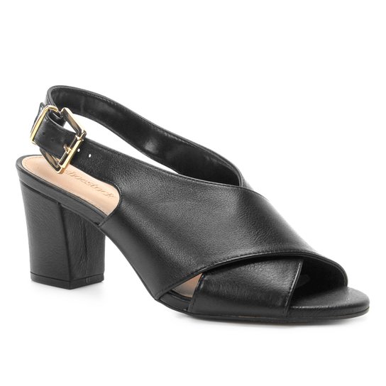 Sandália Couro Shoestock Strappy Salto Bloco Feminina - Preto