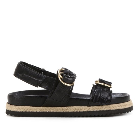 Sandália Papete Shoestock Couro Tira Dupla Croco Feminina - Preto