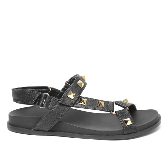 Sandália Papete Shoestock Tiras Rebites Feminina - Preto