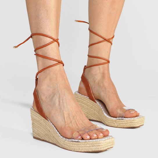 Sandália Shoestock Couro Camurça Vinil Anabela Corda