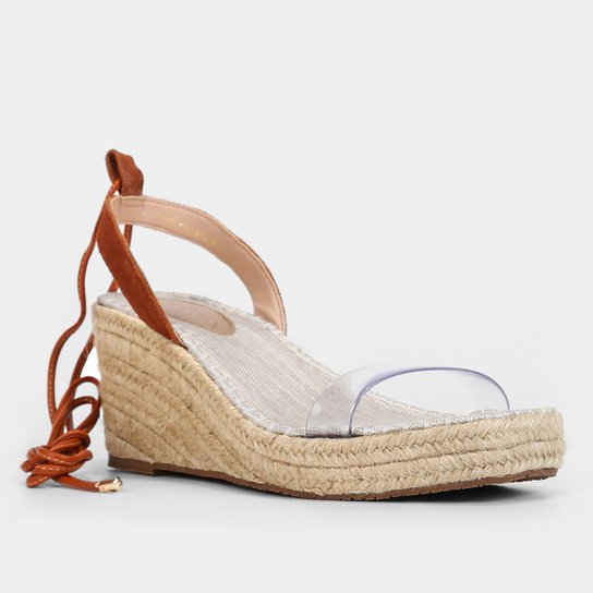Sandália Shoestock Couro Camurça Vinil Anabela Corda