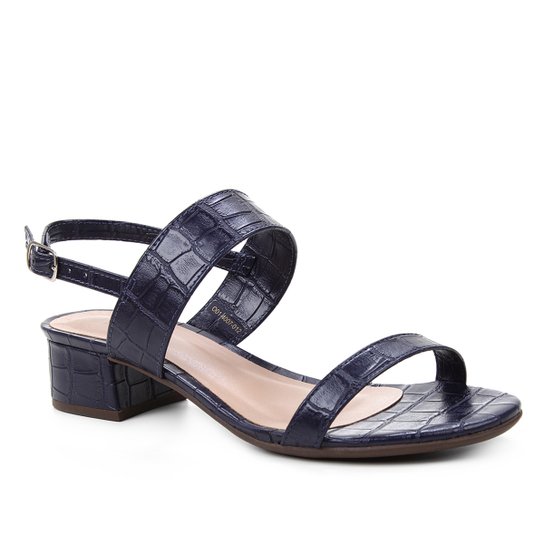 Sandália Shoestock Salto Baixo Bloco Croco Feminina - Marinho