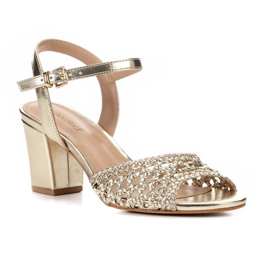 Sandália Shoestock Salto Bloco Macramê Feminina - Dourado