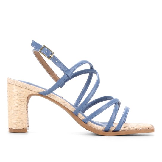 Sandália Shoestock Tiras Salto Ráfia - Azul