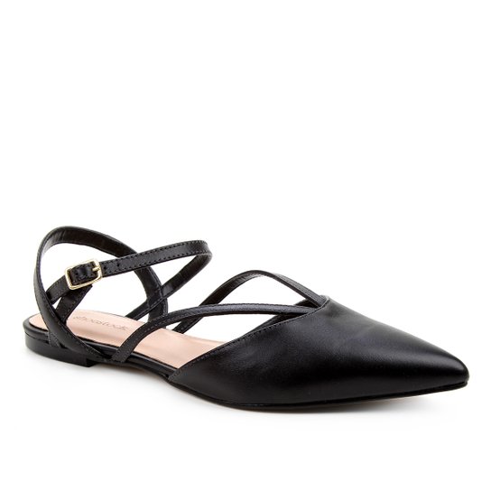 Sapatilha Couro Shoestock Bico Fino Tiras Feminina - Preto