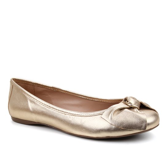 Sapatilha Couro Shoestock Bico Redondo Laço Feminina - Dourado