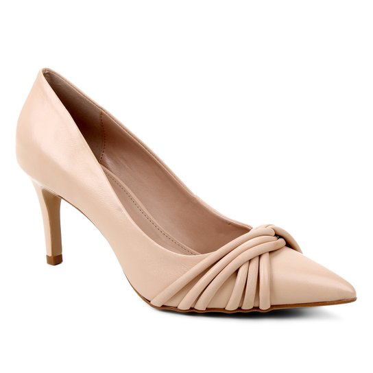 Scarpin Couro Shoestock Bico Fino Tiras Rolete Salto Médio - Nude