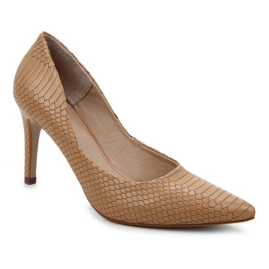 Scarpin Couro Shoestock Salto Alto Graciela Snake - Caramelo