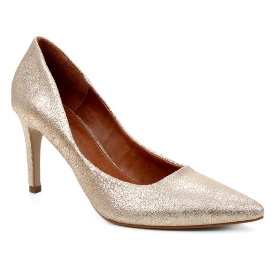 Scarpin Couro Shoestock Salto Alto Mestiço Graciela - Dourado