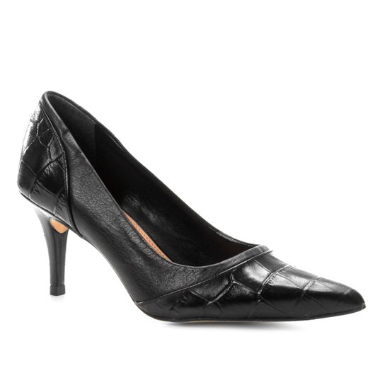 Scarpin Couro Shoestock Salto Alto Mix Croco - Preto