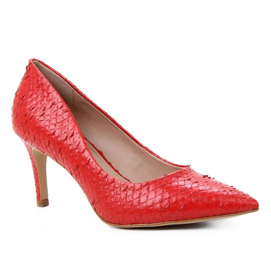 Scarpin Couro Shoestock Salto Médio Cobra - Vermelho