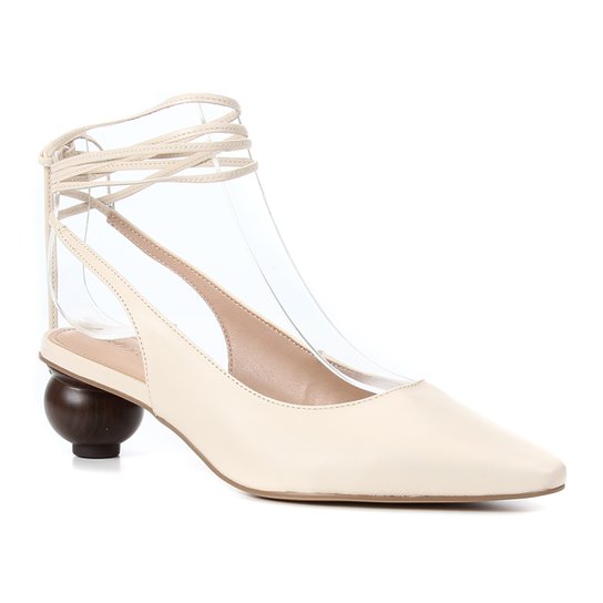 Scarpin Couro Shoestock Slingback Bico Fino Salto Baixo Redondo Feminino - Off White