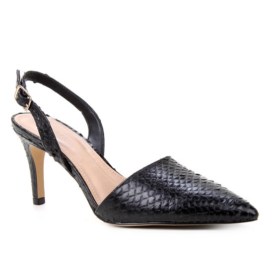 Scarpin Couro Shoestock Slingback Cobra Salto Médio - Preto